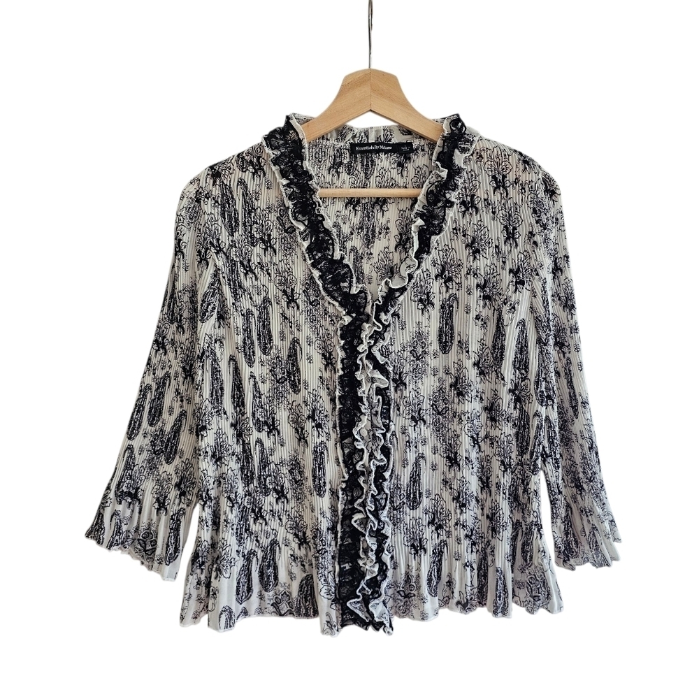 Vintage Renaissance Blouse Black & White Plissé Ruffle Victorian Style, Large